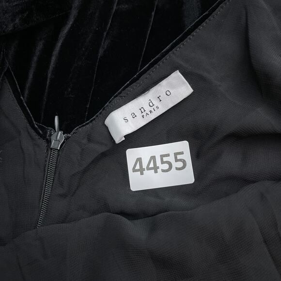 Sandro Paris Dress Women 2 Black Velvet Midi Lace Trim Slip Party Cocktail Goth - Picture 8 of 12